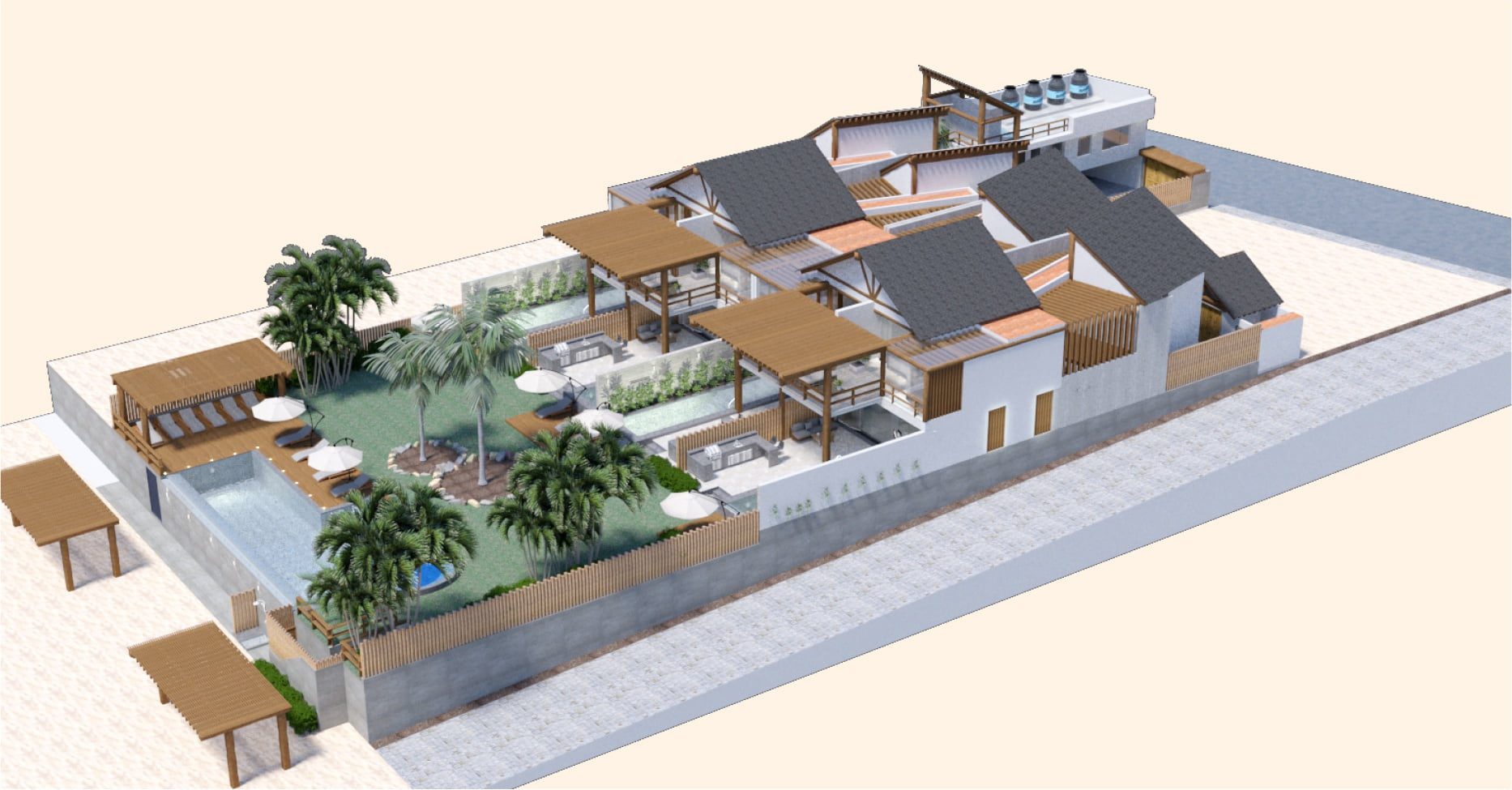 Modelo de casas con jardin y piscina en Hale Beach