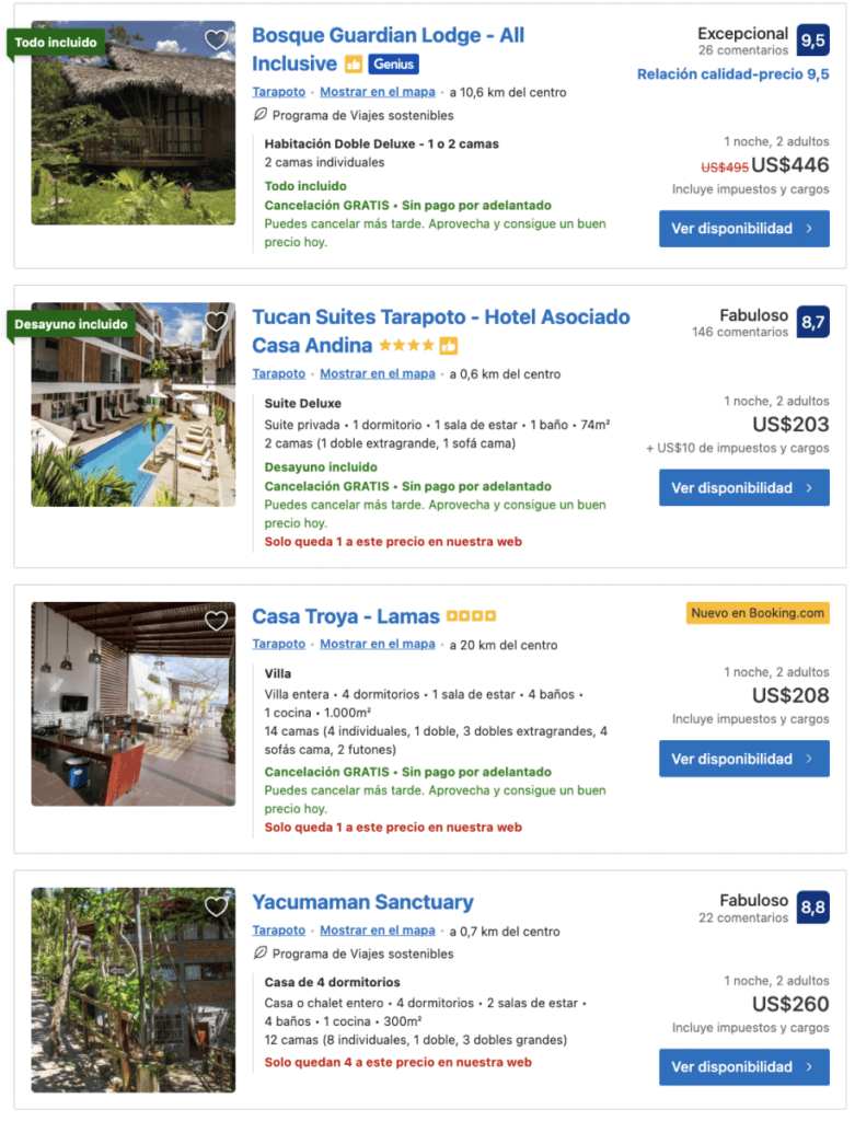 Green Dreams: Cotización referencial de precios de lo hoteles en Tarapoto en noviembre de 2022